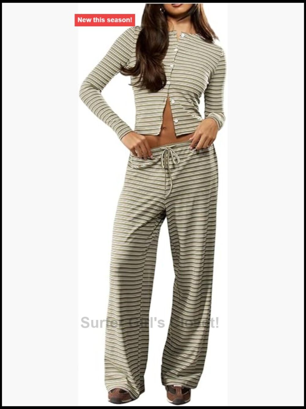 Striped 2 Piece Lounge Set Button Down Long Sleeve Knit Top Wide Leg Pants